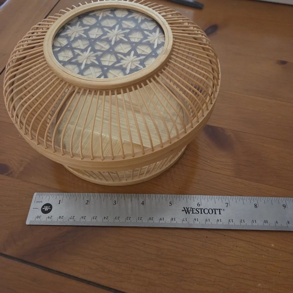 Vintage Bamboo Lucky Cricket Cage Woven Starburst Pattern Protected With Glass